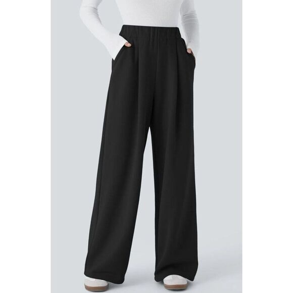 Halara Black High Waisted Side Pocket Wide Leg Fleece Casual Pants Sweatpants - Picture 1 of 5